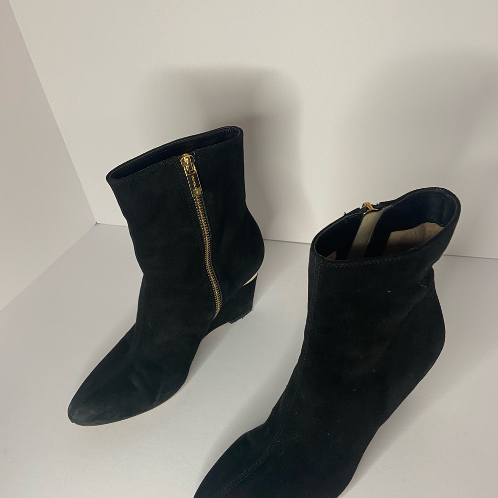 Michael Kore Black Ankle Suede Leather Wedge Boots with Gold Zipper and accent
